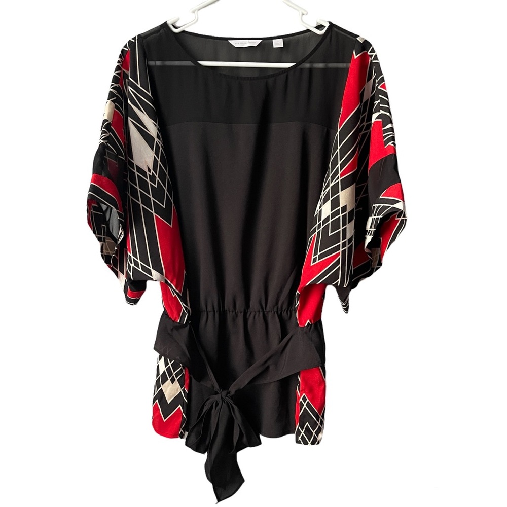 New York & Company Red and Black Kimono Geometric Mesh Tye Office Work Blouse
